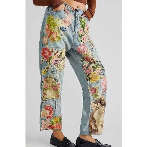 Floral Ribbed Straight Leg Jeans